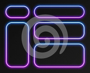 Neon gradient frames set, collection of blue-purple glowing rounded rectangle borders. Colorful illuminated banners.