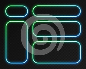 Neon gradient frames set, collection of green-blue glowing rounded rectangle borders. Colorful illuminated banners.