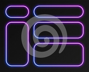 Neon gradient frames set, collection of pink-blue glowing rounded rectangle borders. Colorful illuminated banners.