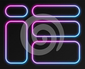 Neon gradient frames set, collection of pink-blue glowing rounded rectangle borders. Colorful illuminated banners.