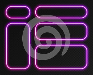 Neon gradient frames set, collection of pink-purple glowing rounded rectangle borders. Colorful illuminated banners.