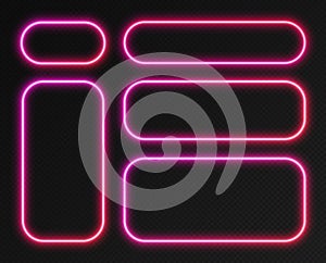 Neon gradient frames set, collection of pink-red glowing rounded rectangle borders. Colorful illuminated banners.