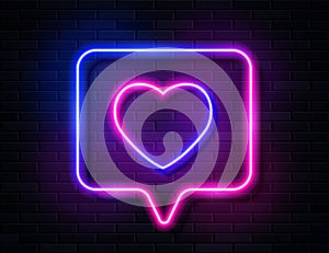 Neon Gradient Glowing Heart in Spech Bubble Banner on Dark Empty Grunge Brick Background.