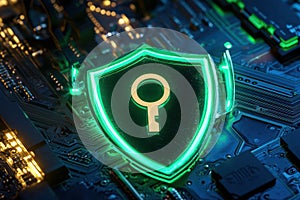 Neon green cybersecurity shield on circuit board