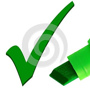 Neon green marker pen, tick mark check box checkmark, large detailed isolated OK checking highlighter concept macro closeup, white photo