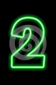 Neon green number 2 on black background. Learning numbers, serial number, price, place
