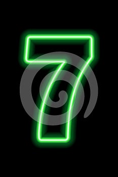 Neon green number 7 on black background. Serial number, price, place