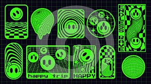 Neon green rave stickers on grid background