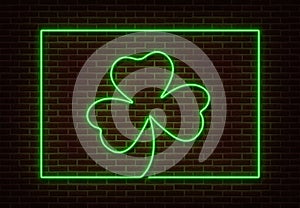 Neon green Shamrock with frame sign vector isolated on brick wall. Light Happy Patric shop decoratio