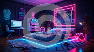 with neon grids, retro arcade games, and a bed that glows with