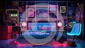 with neon grids, retro arcade games, and a bed that glows with