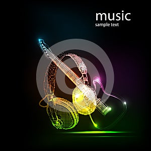 Neon guitar with Headphones, grunge music