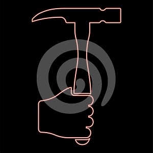 Neon hammer in hand holding tool use Arm using Working concept red color vector illustration image flat style