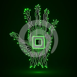 Neon hand. Cpu. Circuit board