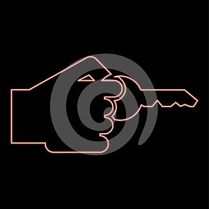 Neon hand holds key Concept opening Idea success Business access sign Unlock solution Passkey Rent Accessibility symbol red color