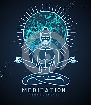 Neon handsome man meditation in lotus position with full moon. Moon astrology sign.