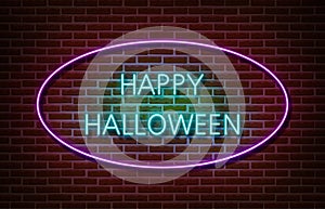Neon Happy Halloween text signs  isolated on brick wall. Night party text light symbol, decoration effect. Neon halloween