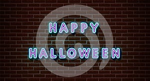 Neon Happy Halloween text signs  isolated on brick wall. Night party text light symbol, decoration effect. Neon halloween