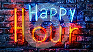 Neon Happy Hour sign on a brick wall.