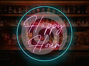 A neon happy Hour sign in front of a bar or pub. Slightly blurred bar or tavern background. Nightlife concept.