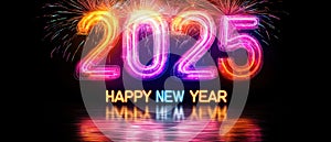 Neon 2025 Happy New Year Celebration with Fireworks. Generative ai photo