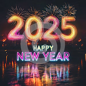 Neon 2025 Happy New Year Celebration with Fireworks. Generative ai photo