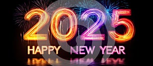 Neon 2025 Happy New Year Celebration with Fireworks. Generative ai photo