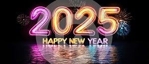 Neon 2025 Happy New Year Celebration with Fireworks. Generative ai photo