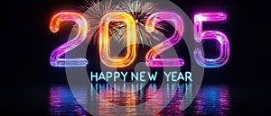 Neon 2025 Happy New Year Celebration with Fireworks. Generative ai photo