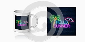 Neon happy summer print with lettering, palm tree and beach umbrella for cup design. Shiny summertime symbol