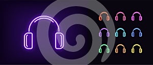 Neon headphones icon. Glowing neon earphone sign, set of isolated wireless headphones