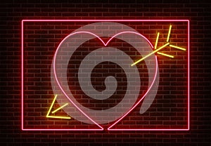 Neon heart with arrow sign vector isolated on brick wall. Light heart frame, shop decoration element