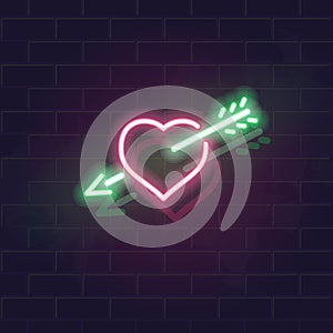 Neon heart and arrow vector icon on brick wall background. Fall in love symbol for st. valentines day poster, flyer