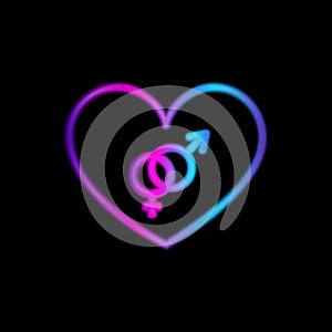 Neon heart with bisexuality symbol on black background