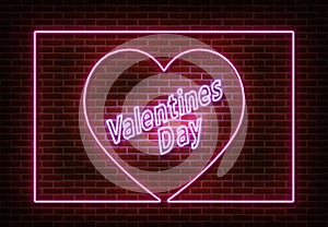 Neon heart with frame and text Valentines Day vector isolated on brick wall. Light heart sign, shop