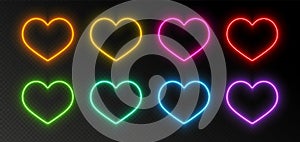 Neon heart frames, glowing borders set, vibrant Valentine's Day decoration.