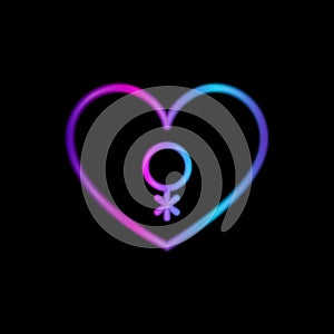 Neon heart with genderqueer symbol on black background