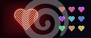 Neon heart icon. Glowing neon heart sign with angled texture, amour shape