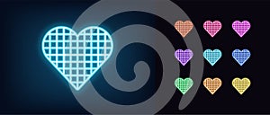 Neon heart icon. Glowing neon heart sign with checkered texture, amour shape