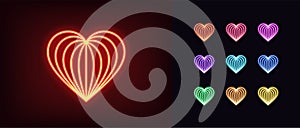 Neon heart icon. Glowing neon heart sign with curve line texture, amour shape