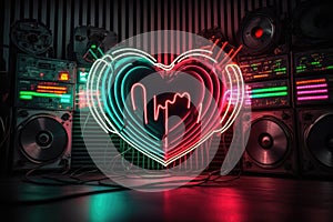 Neon heart shape with music equipment background