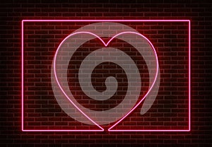 Neon heart sign with frame vector isolated on brick wall. Light heart, shop decoration element. Neon