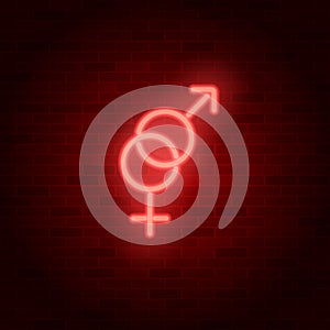 Neon heterosexuality sign. Male and female vector symbol on brick wall photo
