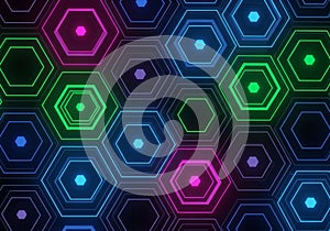 Neon hexagonal pattern featuring vibrant pink, green, and blue