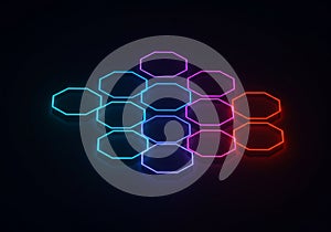 Neon hexagonal shapes arranged in a grid pattern against a dark