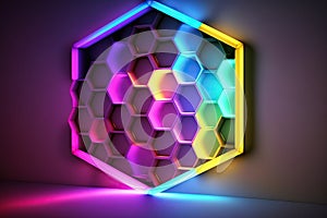 Neon hexagonal on white background with copyspace, created with Generative AI technology
