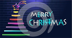Neon holiday background with Christmas tree