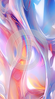 Neon holographic liquid blue pink wave of smooth flowing lines. Abstract glossy background