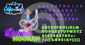 Neon hookah sing with alphabet. Hookah bar neon sign, bright signboard, light banner. Hookah logo, emblem. Vector illustration