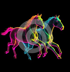 Neon horses running isolated on black. Generative AI